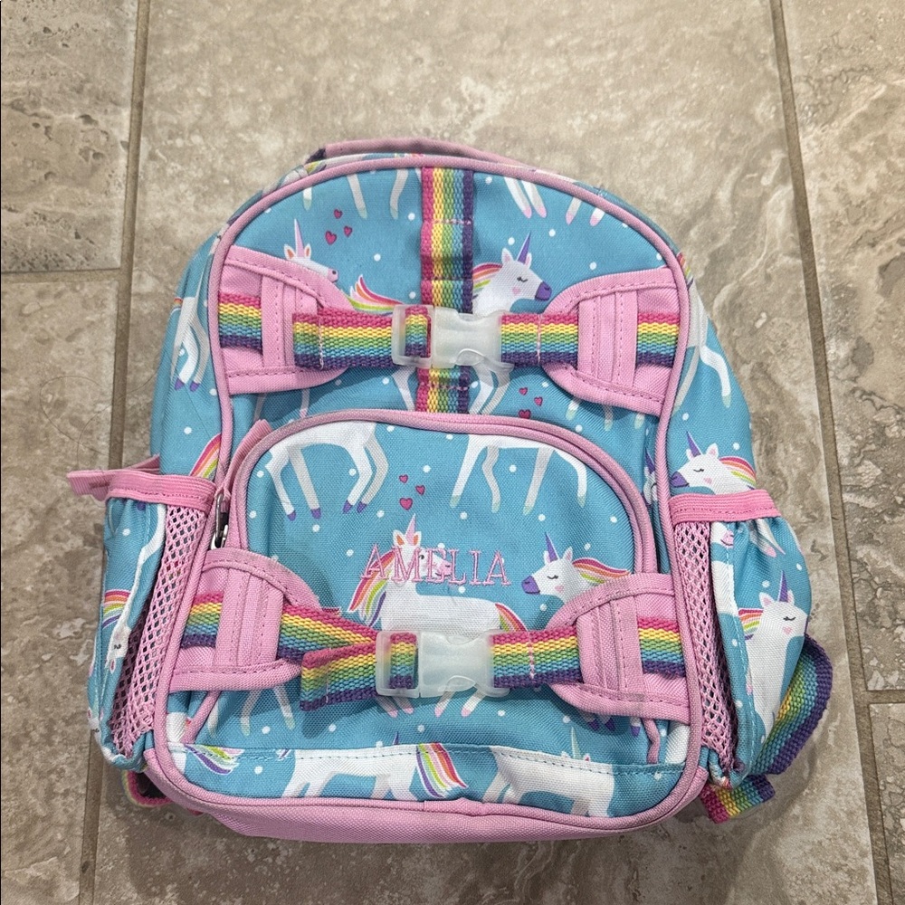Pottery‎ Barn Kids Mackenzie Aqua Unicorn Parade mini Backpack.